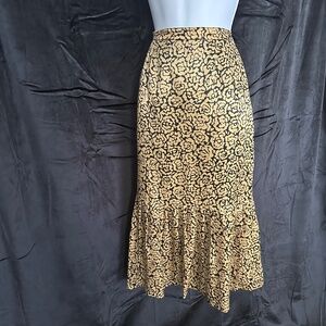 Women’s black and gold satin midi skirt with flounce, size 10